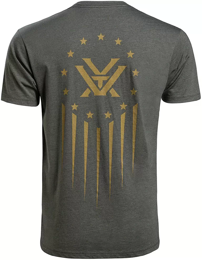 Rückansicht eines grauen T-Shirts mit goldfarbenem geometrischen Design und Sternen
