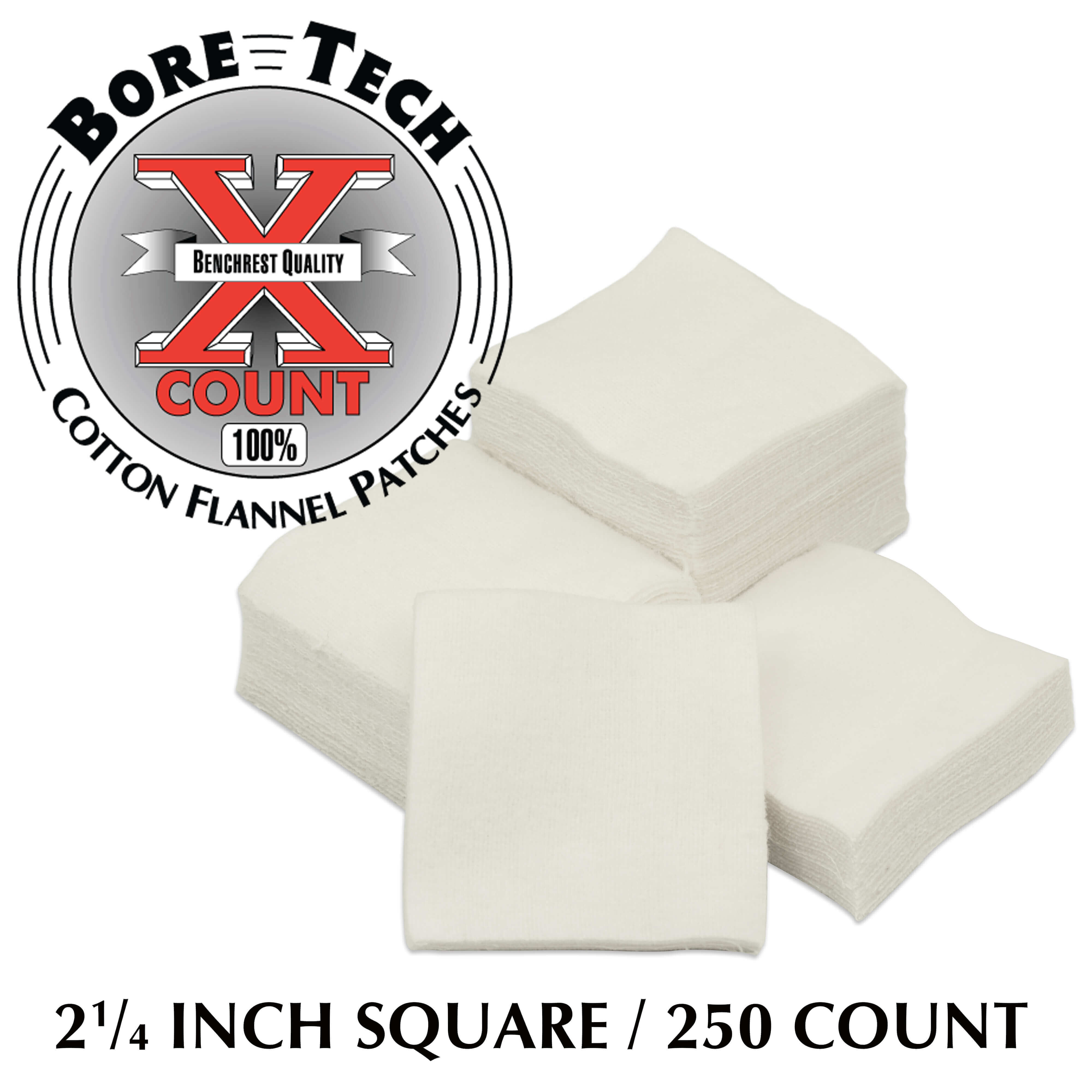 Bore Tech Baumwoll-Flanell-Patches, 2 1/4 Zoll Quadrat, 250 Stück, weiße Patchstapel mit Logo