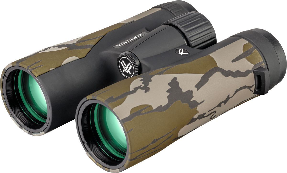 Vortex Fernglas mit grün vergüteten Linsen und robustem Camouflage-Gehäuse für Outdoor-Einsatz