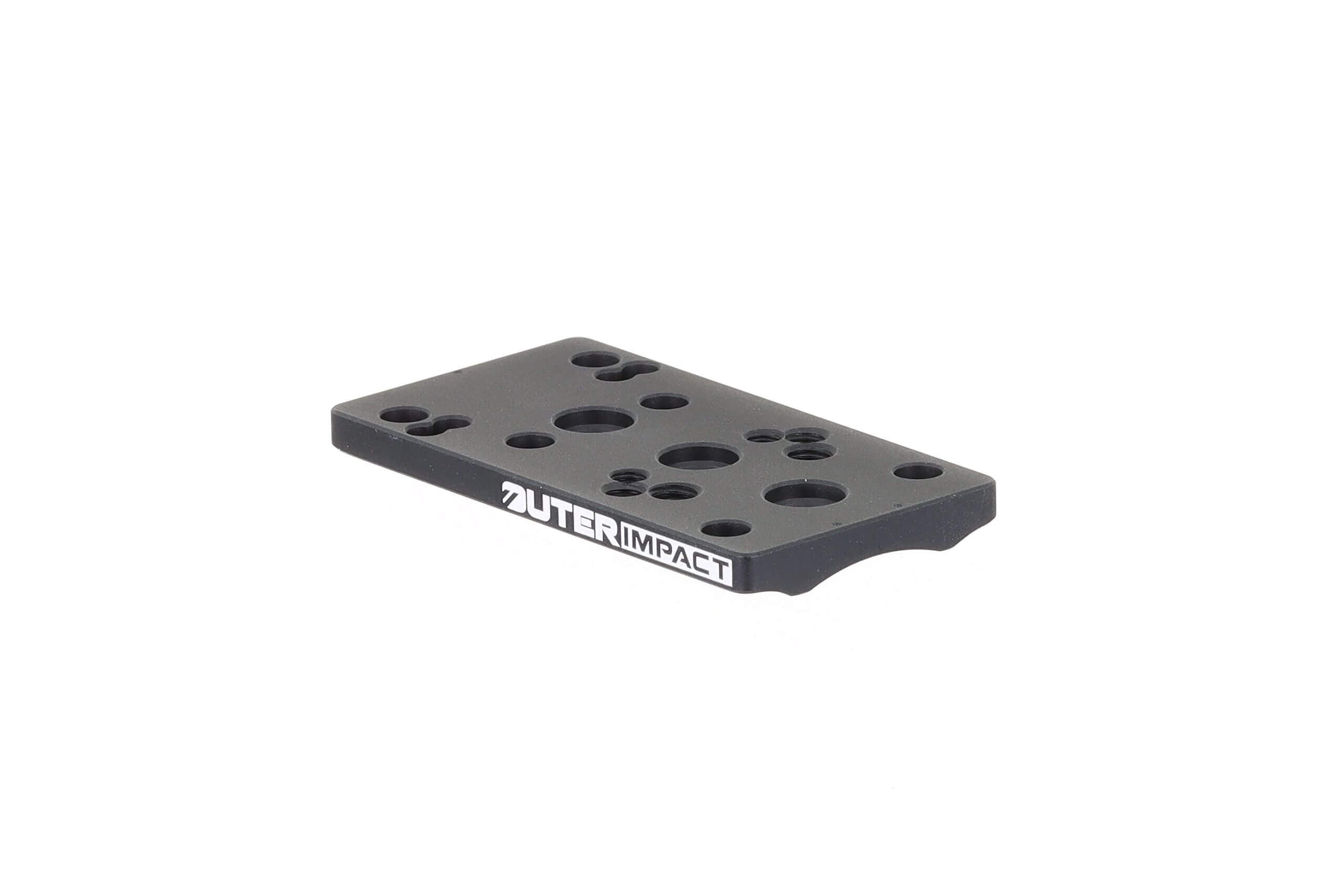 Schwarze Montageplatte von OuterImpact mit mehreren Löchern zur Optikmontage auf Waffen