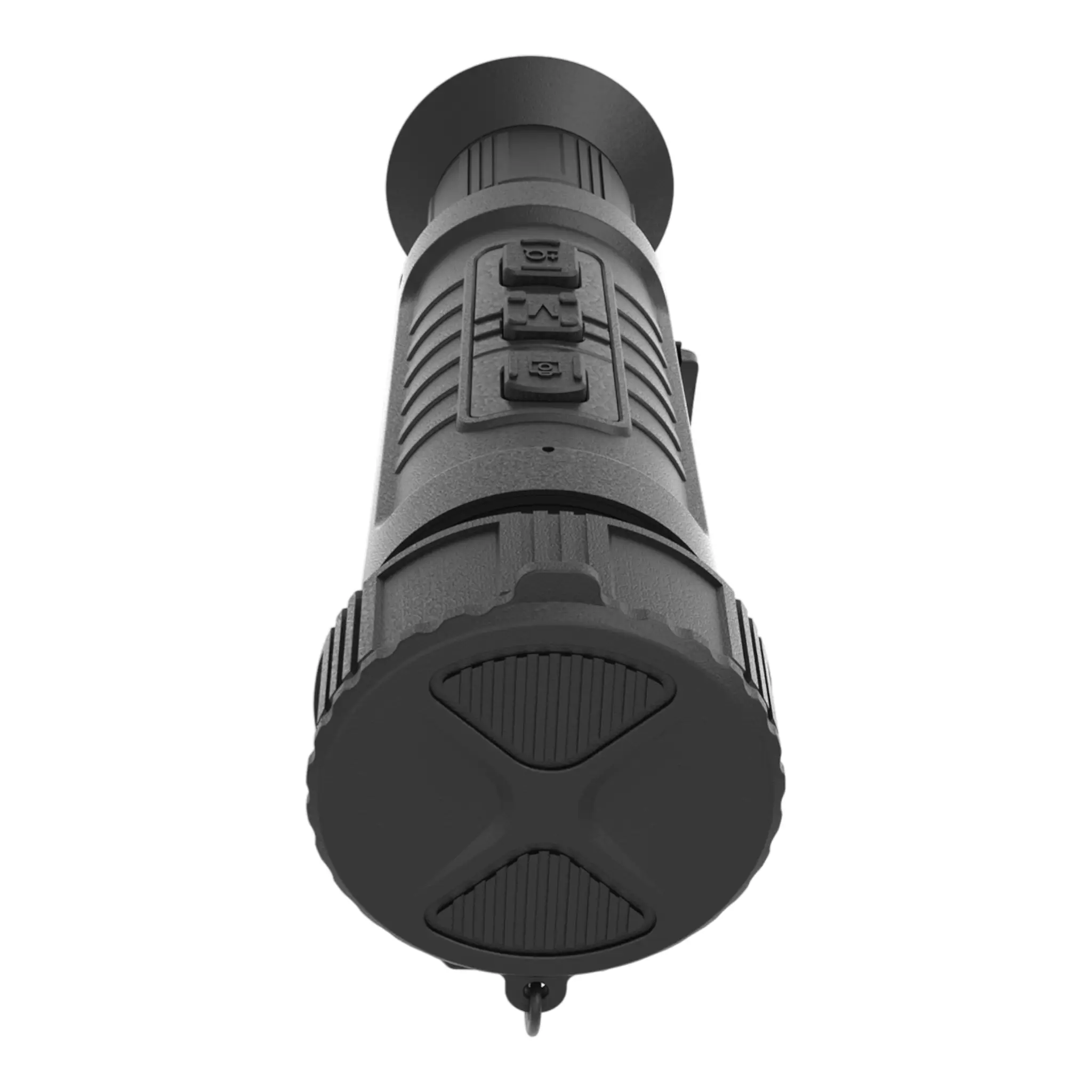 Zentron ZEN M6 Pro 50 mm Wärmebild-Monokular mit integriertem Laser-Entfernungsmesser, robuste IP67-Bauweise, Ansicht der Bedientasten und Objektivschutzkappe