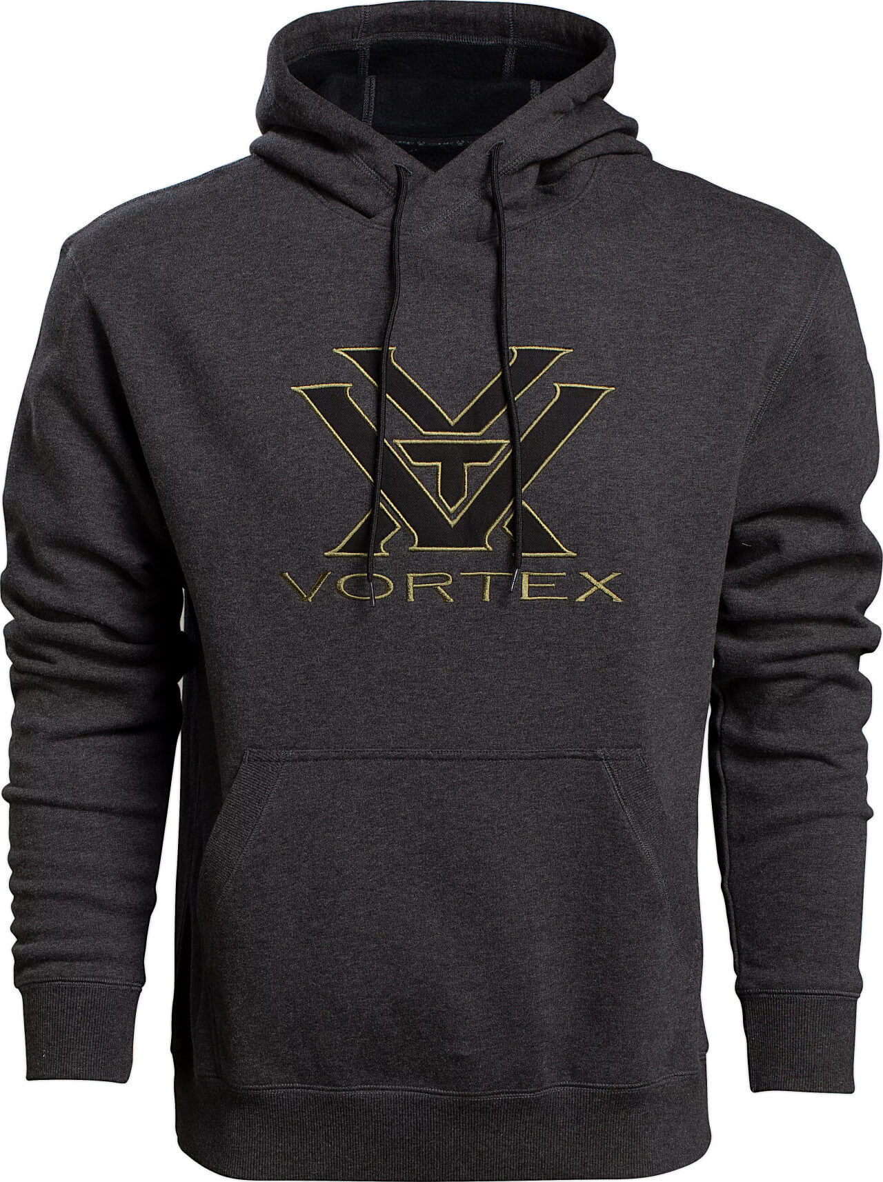 Ein dunkelgrauer Kapuzenpullover mit gelbem Vortex-Logo auf der Vorderseite