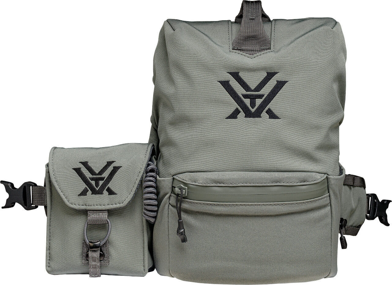 Taktischer olivgrüner Rucksack mit Gürteltasche, Logos auf beiden Taschen