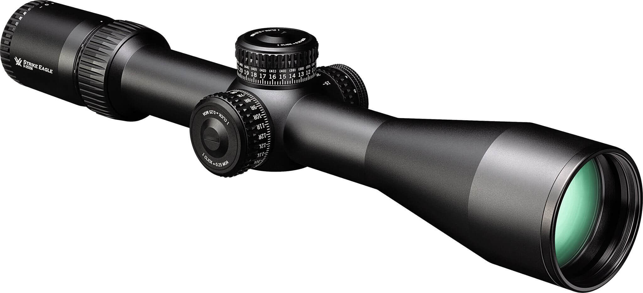 Schwarzes Hochleistungs-Zielfernrohr mit Zoom und Einstellrädern für präzise Kalibrierung.