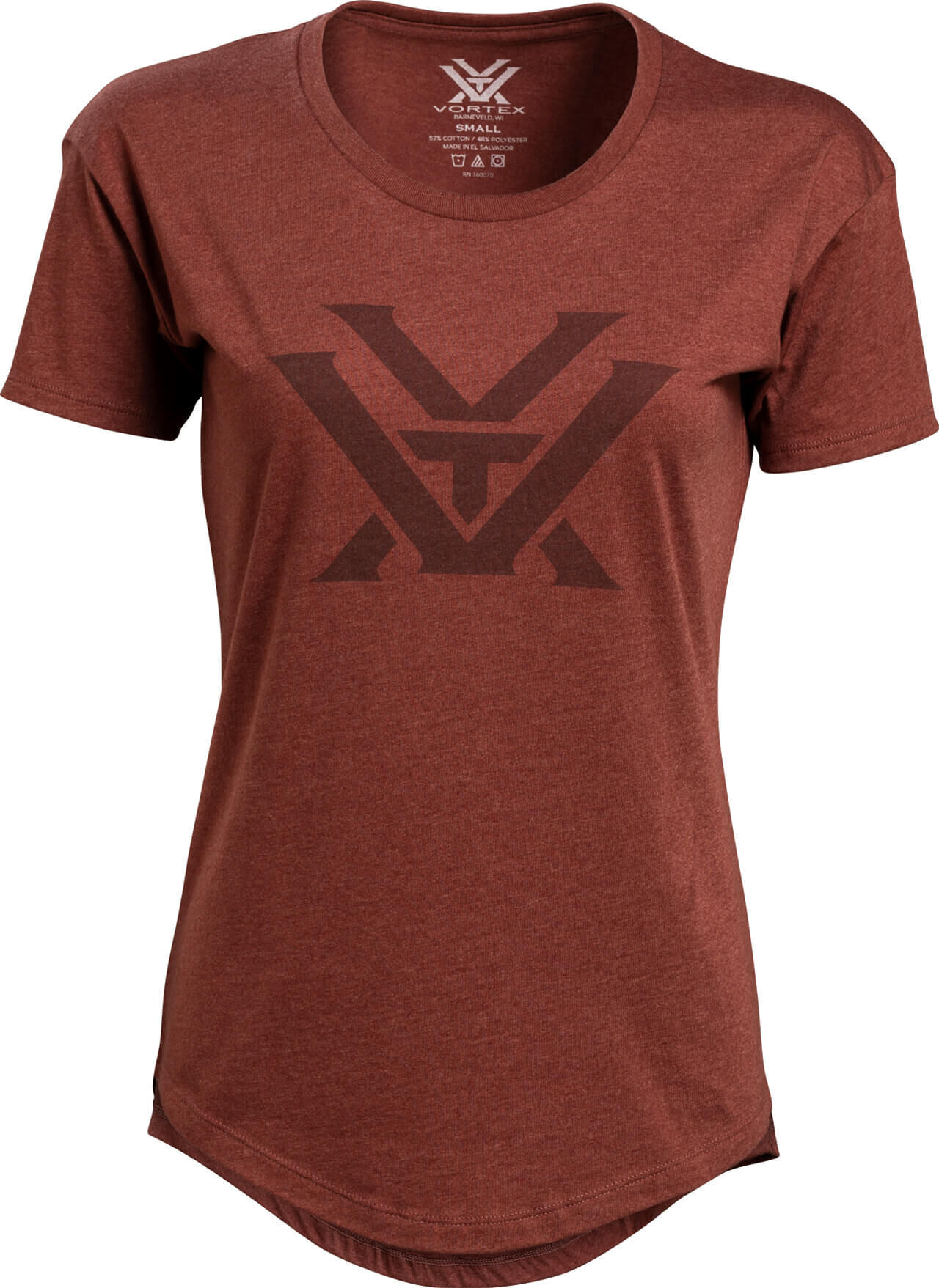 Rotes Damen-T-Shirt mit Vortex-Logo in Größe S, aus Baumwoll-Polyester-Mix