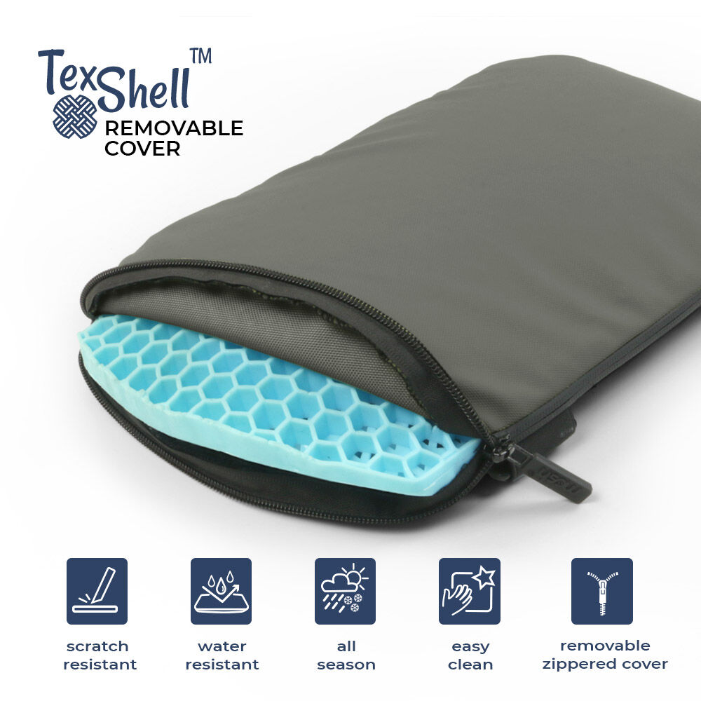 Nahaufnahme einer TexShell-Laptophülle mit abnehmbarem, kratz- und wasserresistenten Bezug und gepolstertem Innenleben