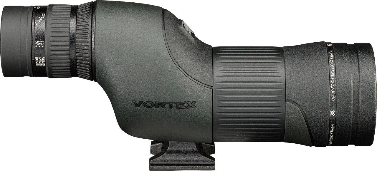 Seitenansicht eines Vortex Teleskops mit schwarzer und grauer Farbschema