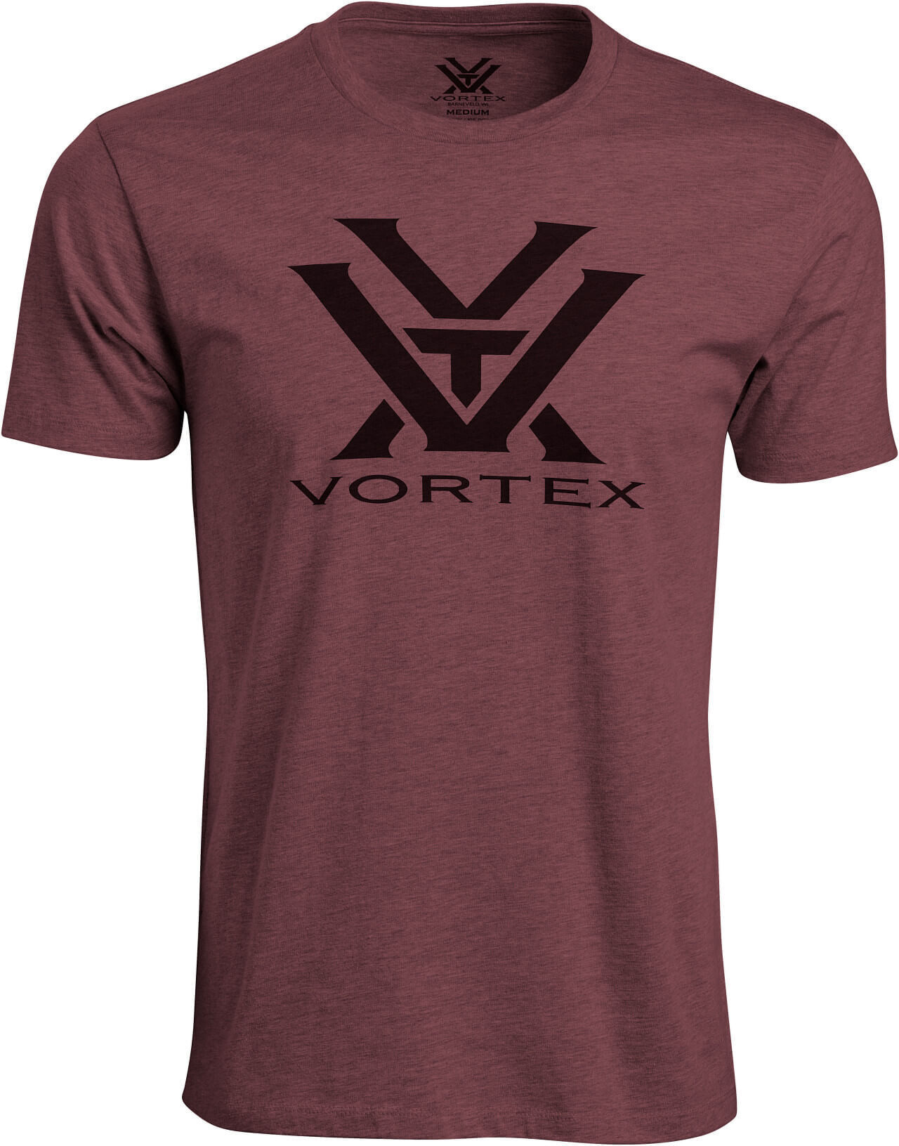 Burgunderfarbenes Herren T-Shirt mit großem schwarzen Vortex-Logo auf der Vorderseite, Größe Medium