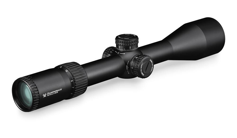 Schwarzes Vortex Diamondback Tactical Zielfernrohr 4-16x44 mit verstellbaren Linsen und Knöpfen für präzise Zielsteuerung.