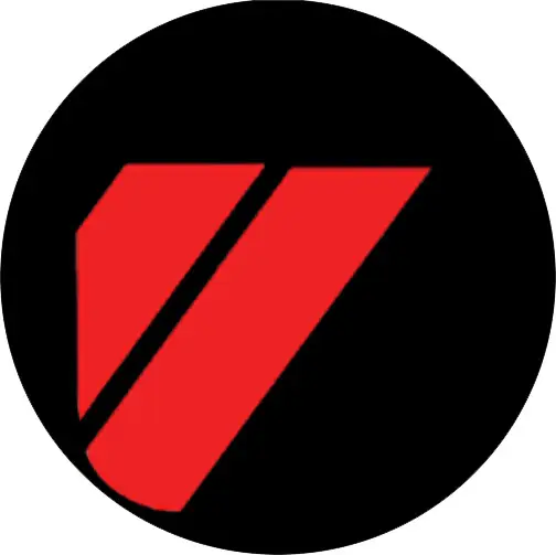 Rundes Logo mit schwarzem Hintergrund und schrägem roten Streifenelement als modernes Marken-Icon