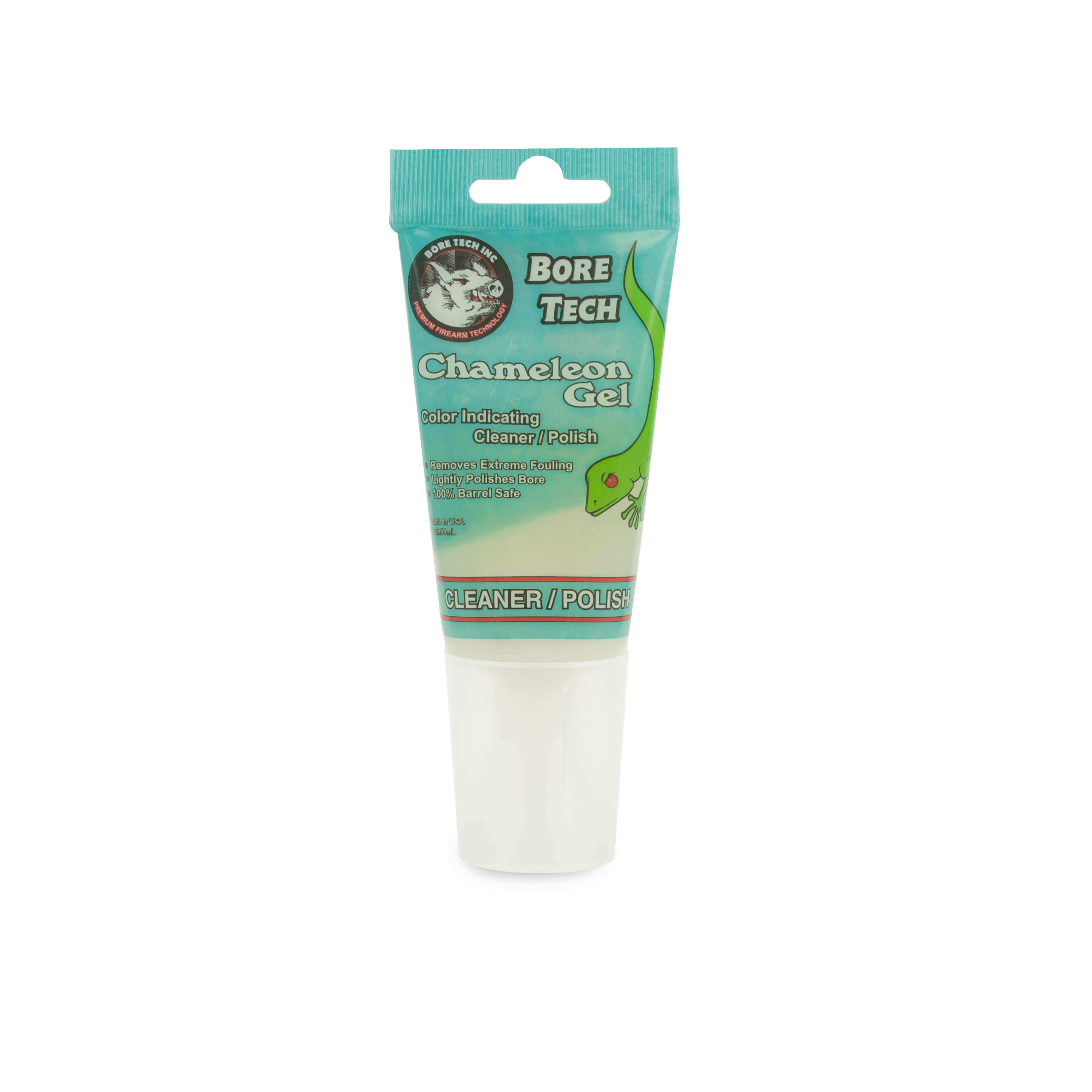 Bore Tech Chameleon Gel in einer blauen Tube mit grünem Chamäleon-Design, 57g, zur Reinigung von Gewehrläufen