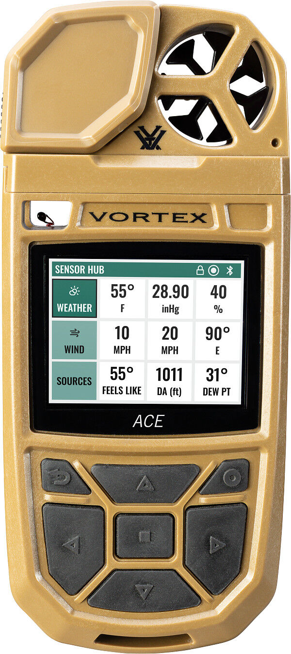 Vortex ACE Hand-Wetterstation in Sandfarbe mit großem Display zur Anzeige von Temperatur, Luftdruck, Luftfeuchtigkeit und Winddaten
