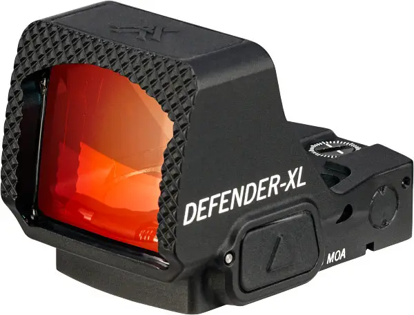 Seitenansicht des Vortex Defender-XL Rotpunktvisiers mit robuster Schutzrahmenkonstruktion und roter Mehrschichtlinse für präzises Zielen