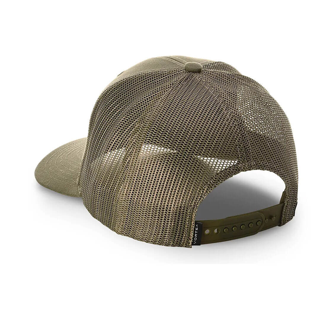 Rückansicht einer khaki Trucker Cap mit Mesh, verstellbarem Riemen und gebogenem Schirm.
