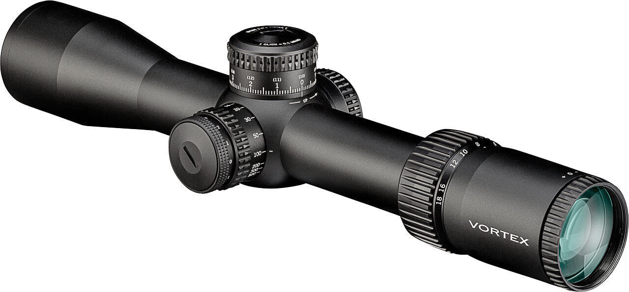 Ein robustes Vortex Zielfernrohr mit präzisen Einstellrädern und klarer Optik, ideal für den professionellen Einsatz im Schießsport.