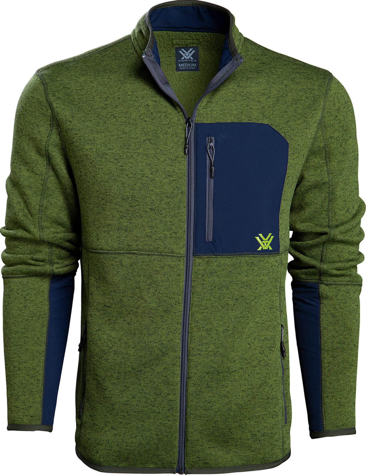Moderne grüne Fleecejacke mit Reißverschluss und dunkelblauen Einsätzen