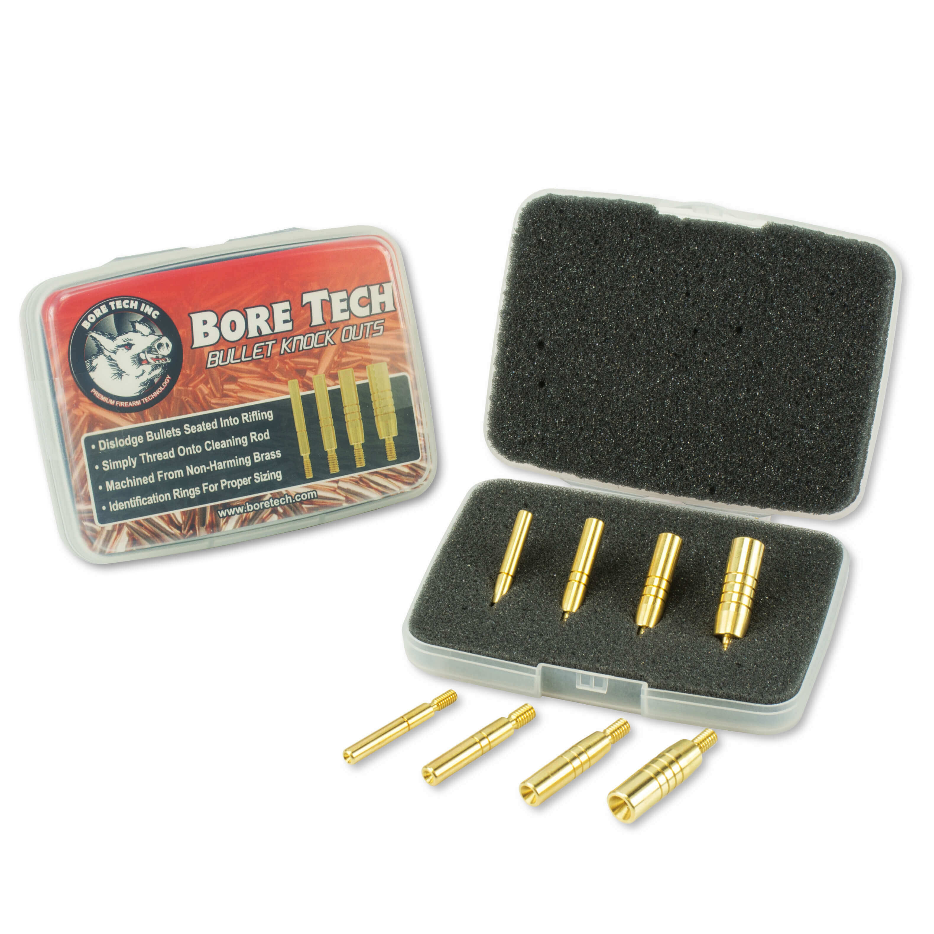 Ein Bore Tech Bullet Knock Outs Set mit Messingwerkzeugen zur sicheren Entfernung von Geschossen aus der Mündung.