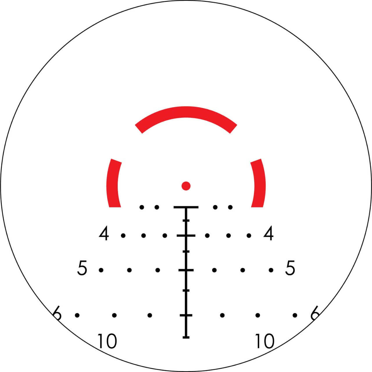 Grafik eines taktischen Zielfernrohr-Absehens mit roter, kreisförmiger Markierung und Skala zur Entfernungsschätzung auf weißem Hintergrund