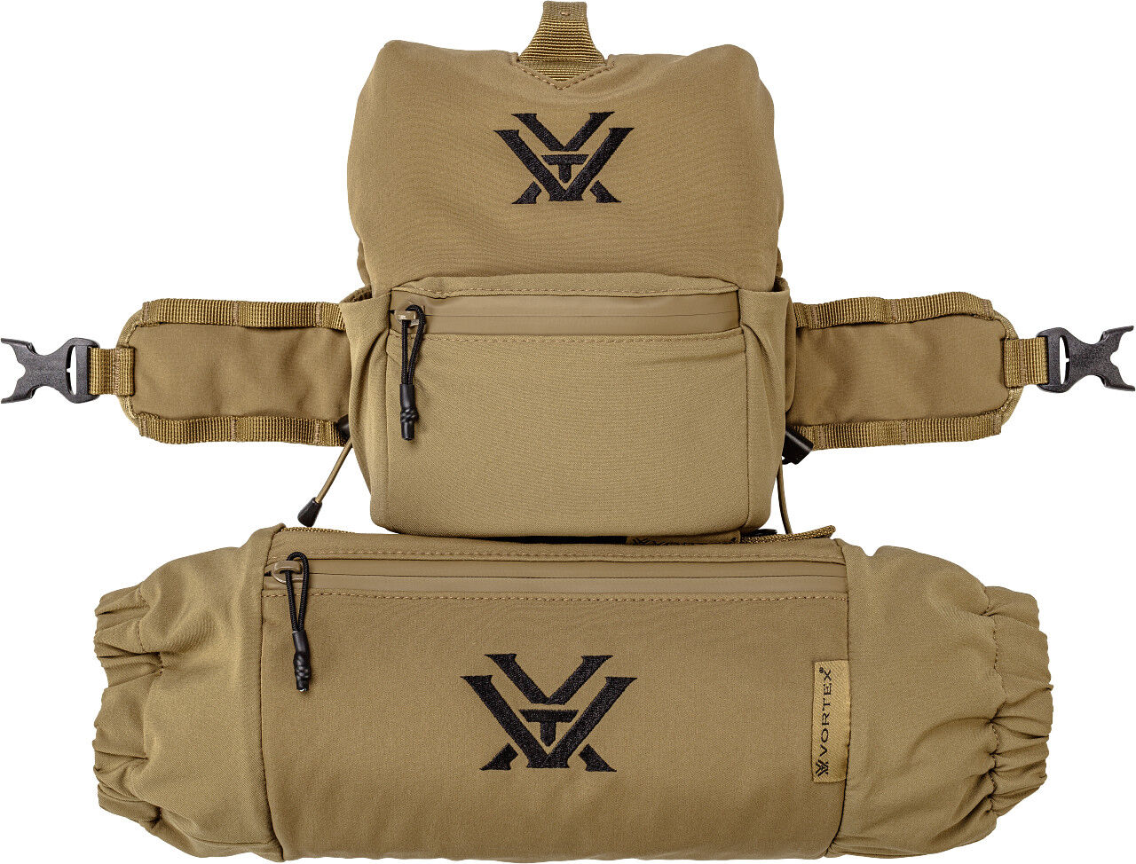 Beige taktische Brust- und Hüfttasche mit mehreren Fächern und schwarzem Logo