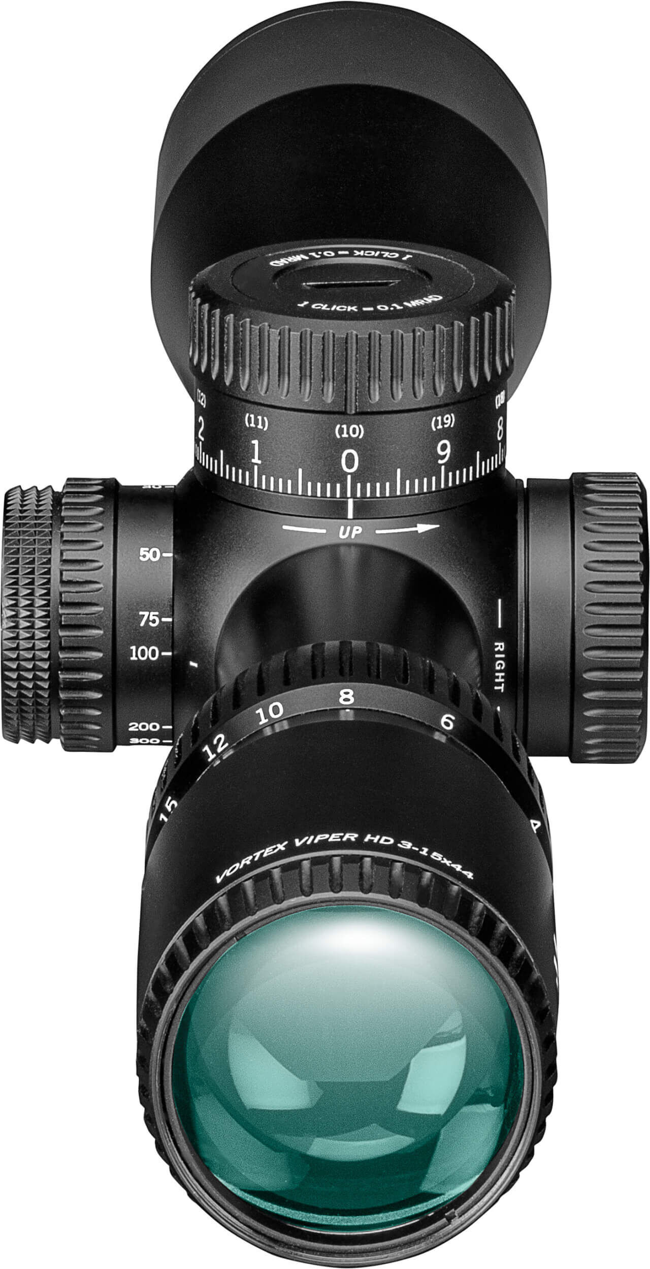 Nahaufnahme eines Vortex Viper Zielfernrohrs HD 3-15x44 mit einstellbaren Drehknöpfen und optischem Glas