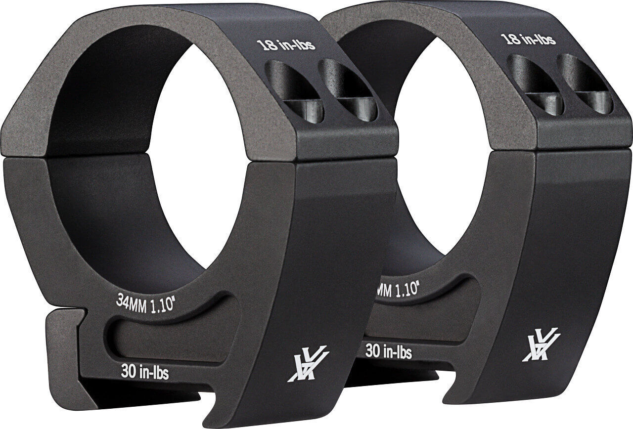 Zwei schwarz eloxierte Zielfernrohrmontagen mit 34 mm Durchmesser und Drehmomentangabe in in-lbs
