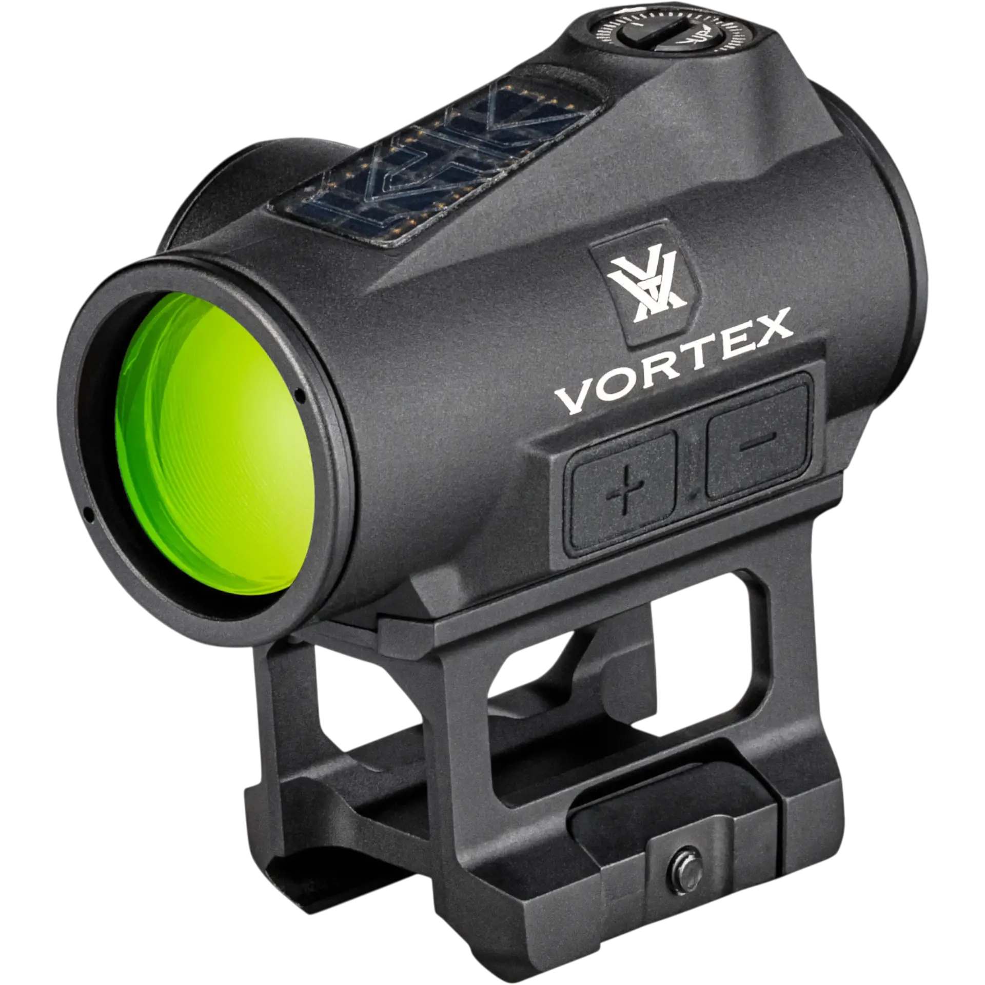 Detailansicht eines montierbaren Vortex Rotpunktvisiers mit leuchtend grüner Linse, Bedientasten und robuster Weaver/Picatinny-Halterung