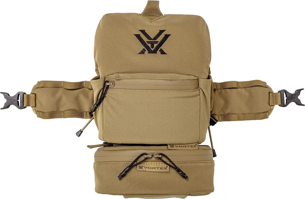 Beige Outdoor-Tasche mit Vortasche, mehreren Fächern und verstellbarem Gurtclip