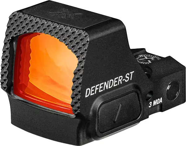 Schwarzes Vortex Defender-ST Rotpunktvisier mit 3 MOA Punkt und orange getönter Linse für präzises, schnelles Zielen