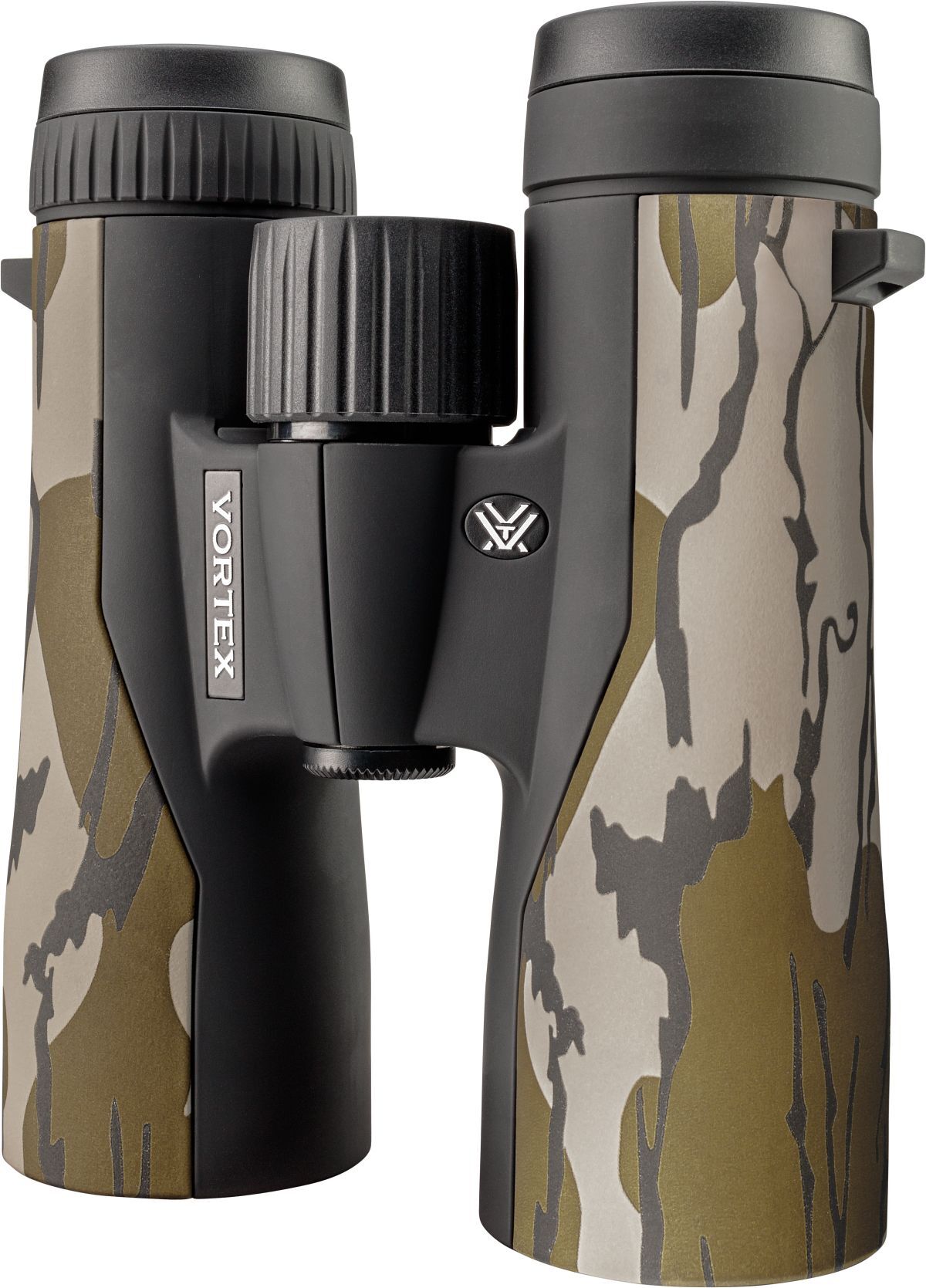 Detailansicht eines Vortex Fernglases mit Camouflage-Beschichtung, gummiertem Gehäuse und griffigem Mitteltrieb zum präzisen Fokussieren