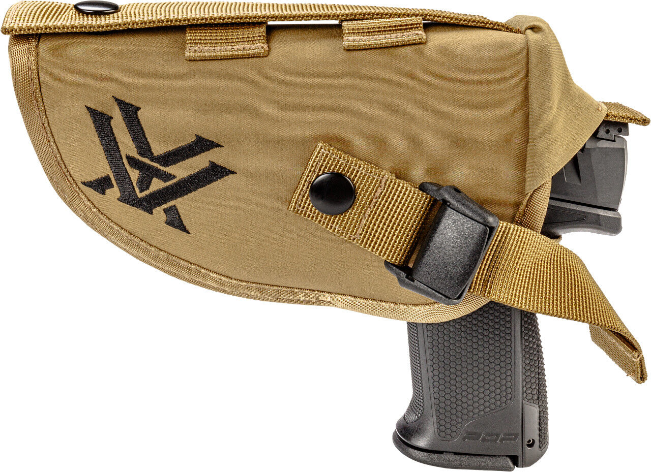 Beiges taktisches Pistolenholster mit Verschlussschnalle und sichtbarem Logo