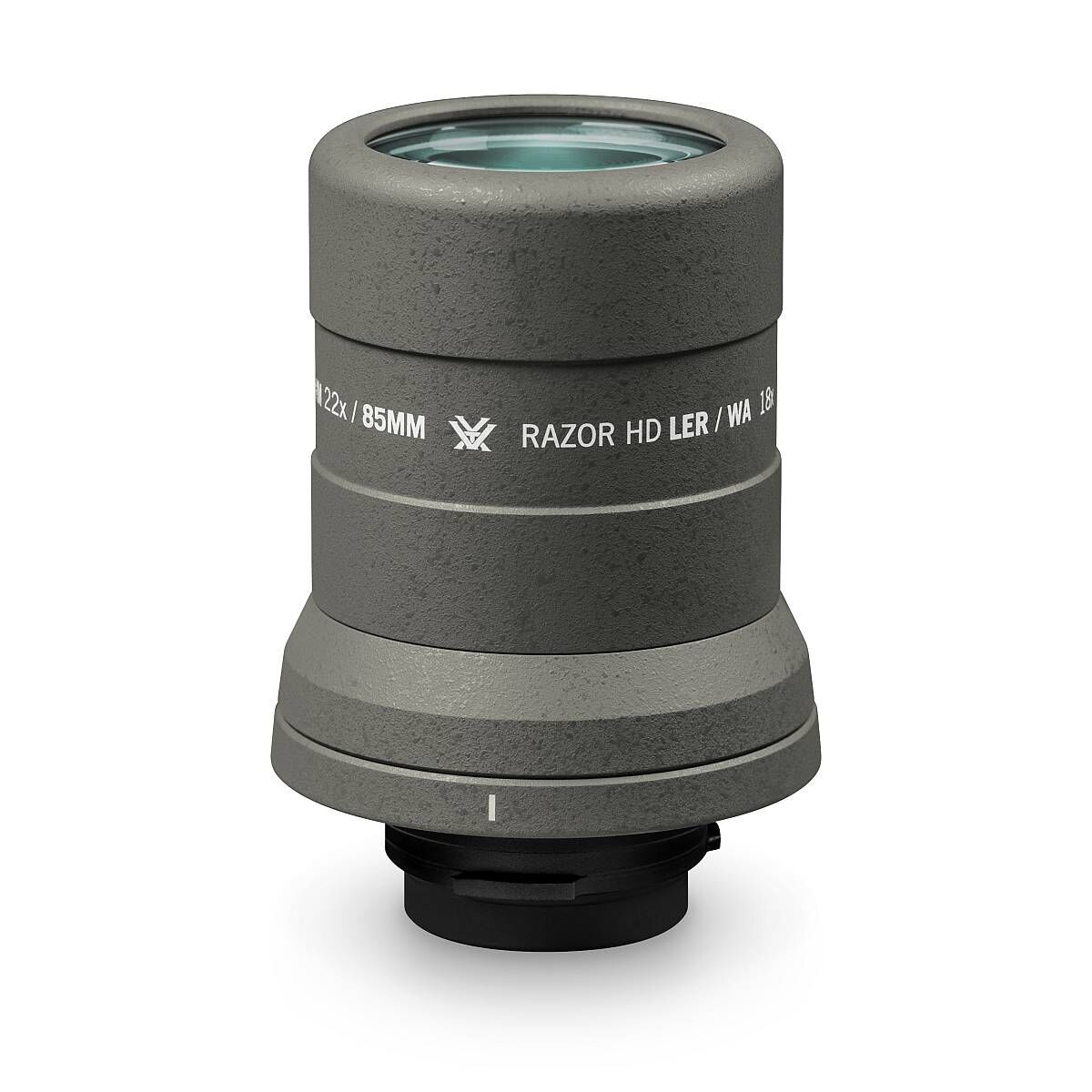 Nahaufnahme eines Vortex Optik Razor HD LER WA 18 Okulars mit 22x Vergrößerung für ein 85mm Spektiv, in grauer Ausführung