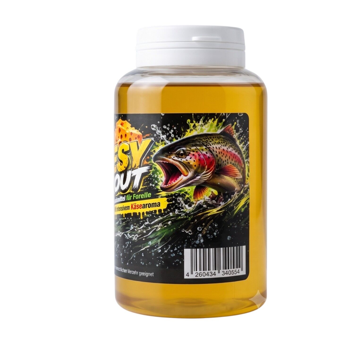Gelbe Flasche Forellen-Lockstoff Flüssigkonzentrat mit intensivem Käsearoma und Forellenmotiv auf dem Etikett für Angler
