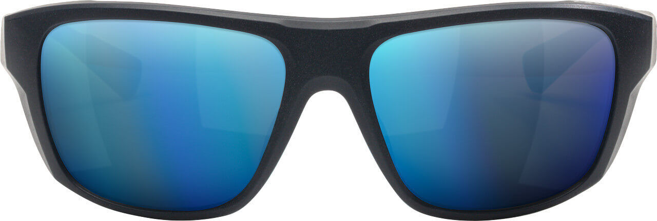 Moderne Sonnenbrille mit blauen verspiegelten Gläsern und schwarzem Rahmen