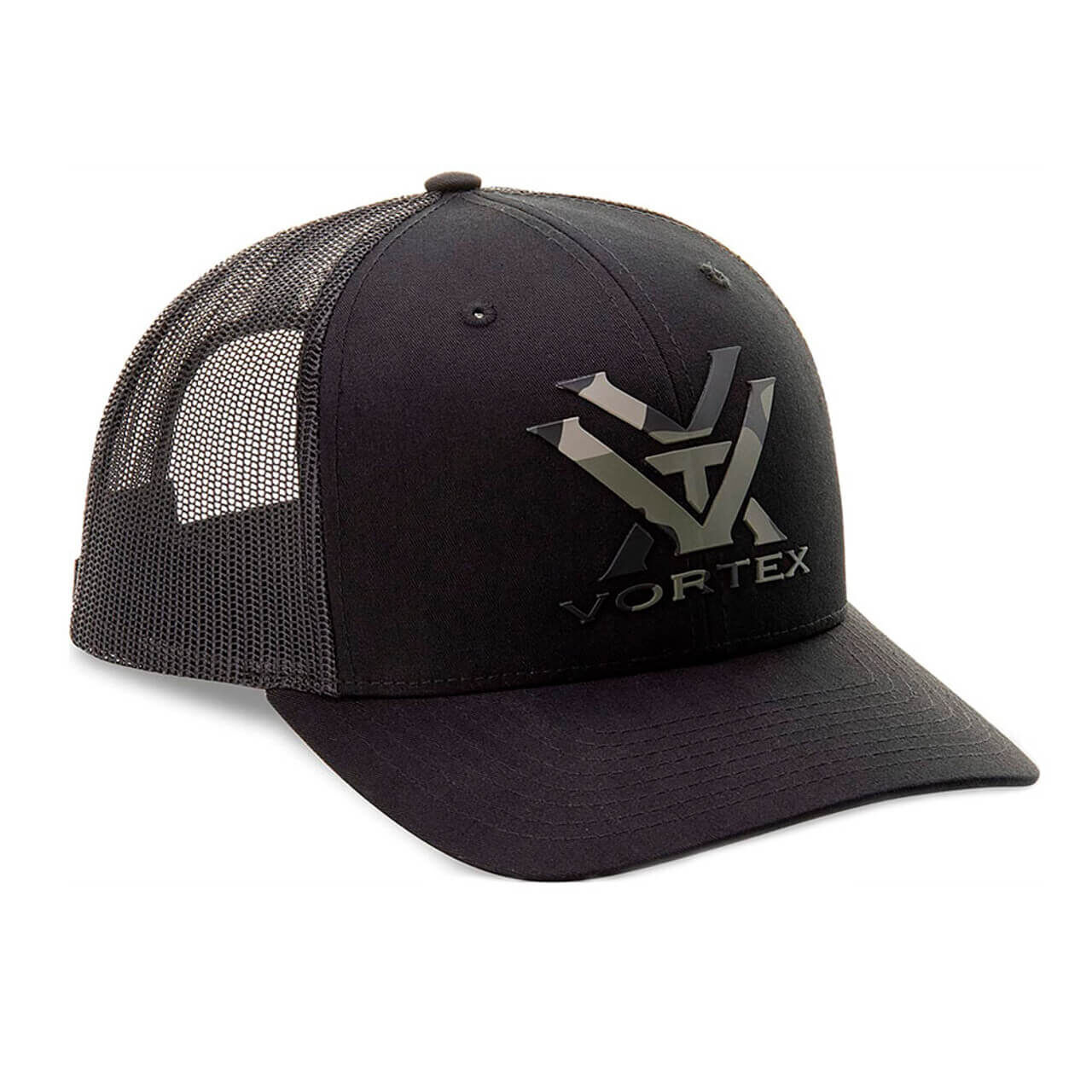 Schwarze Kappe mit Mesh-Rückseite und aufgedrucktem Vortex-Logo auf der Vorderseite