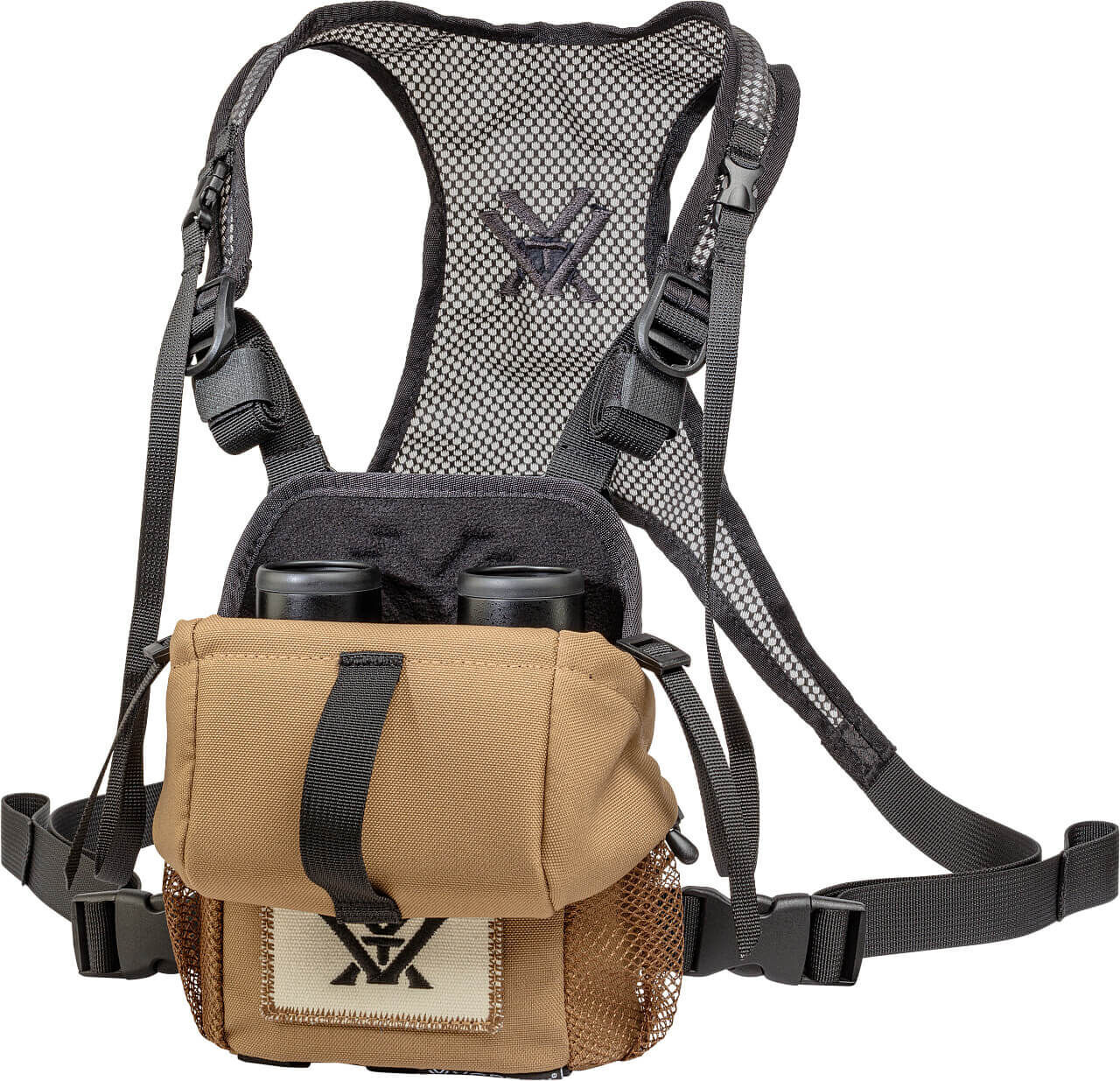 Leichter Brustgurt mit Netzrücken und beiger Tasche für Fernglas, ideal für Outdoor-Aktivitäten.