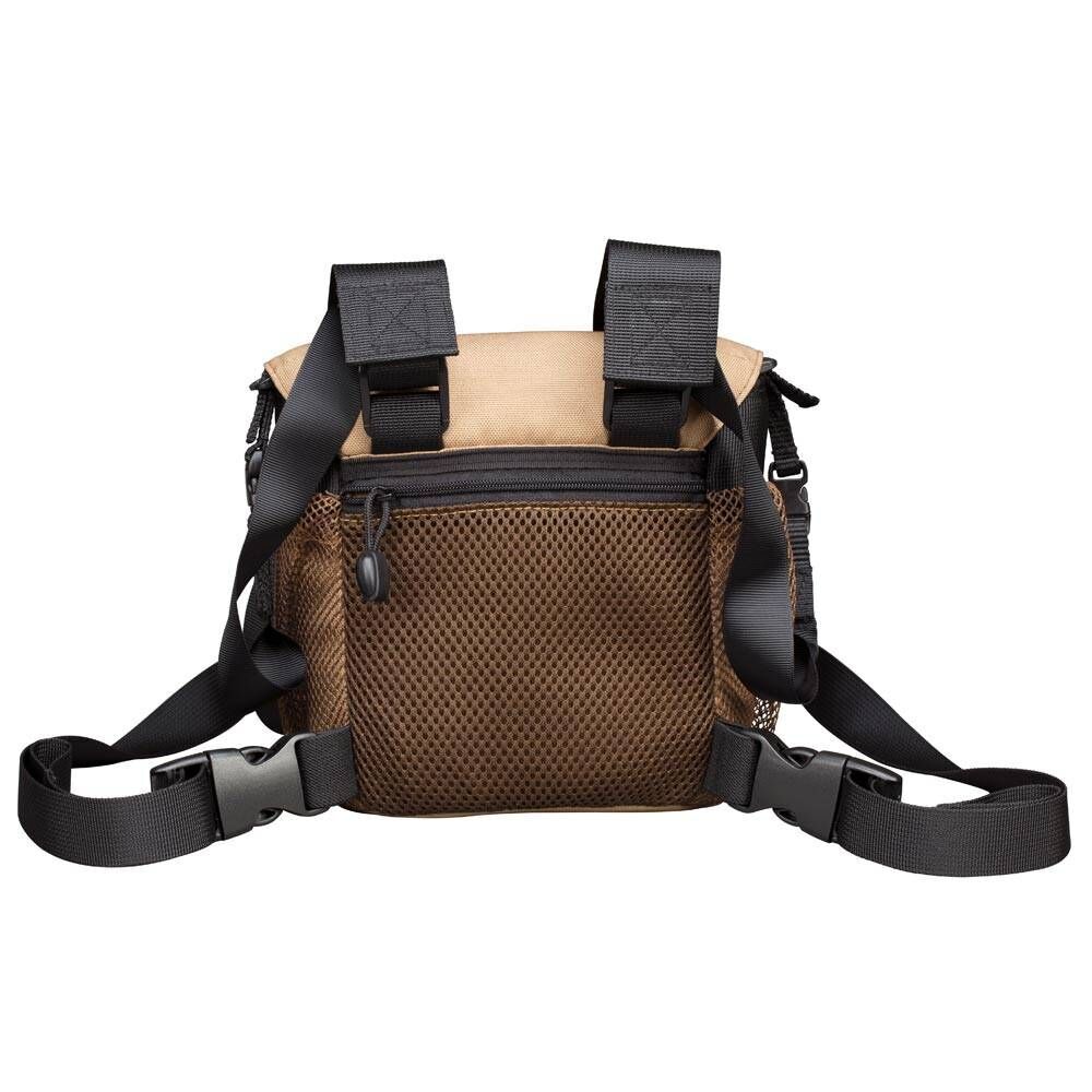 Hochwertige, braune Outdoor-Tasche mit Netztasche und verstellbaren, schwarzen Riemen.