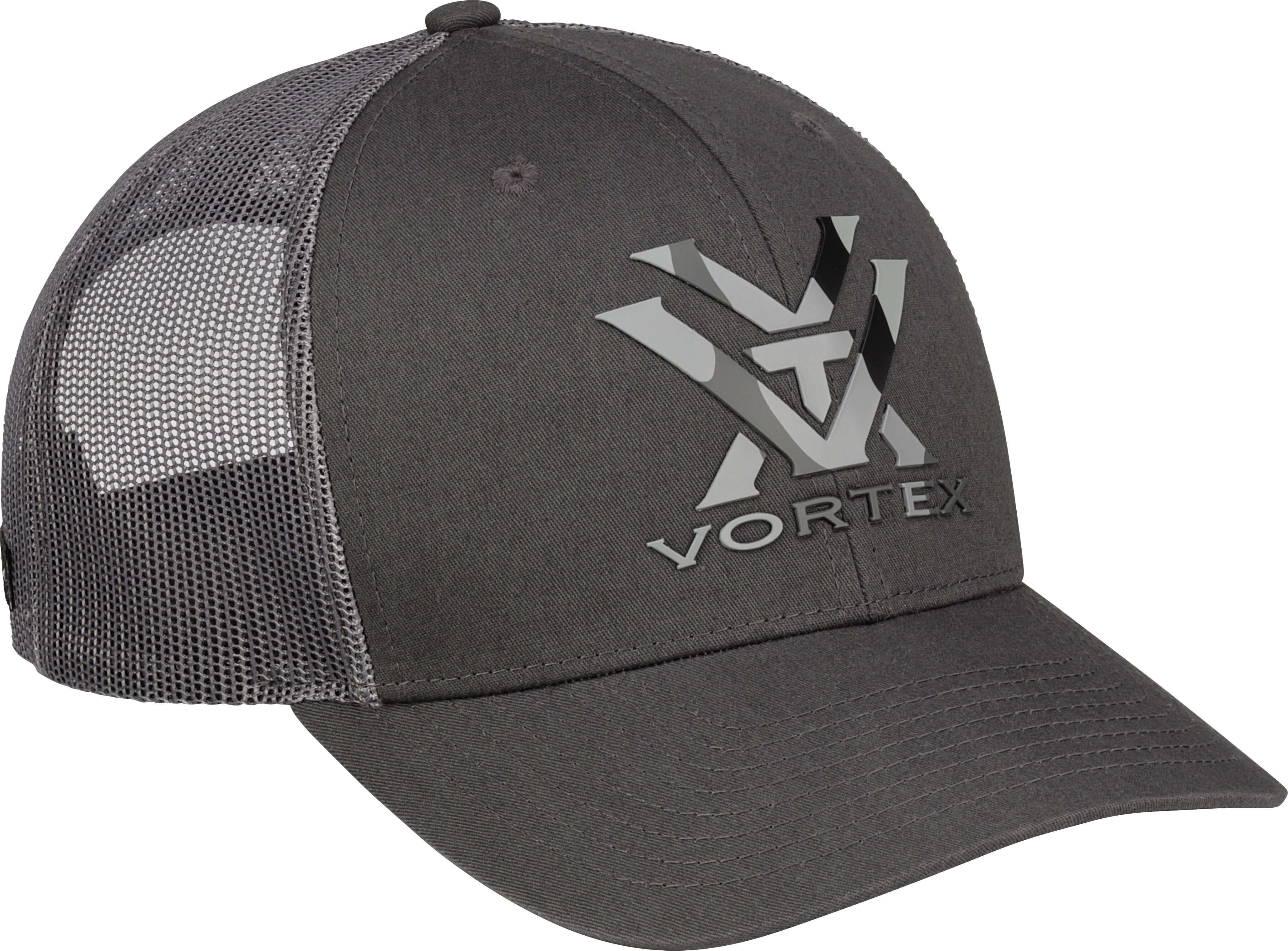 Trucker-Mütze in Grau, Mesh-Rückseite, Vortex-Logo auf der Vorderseite