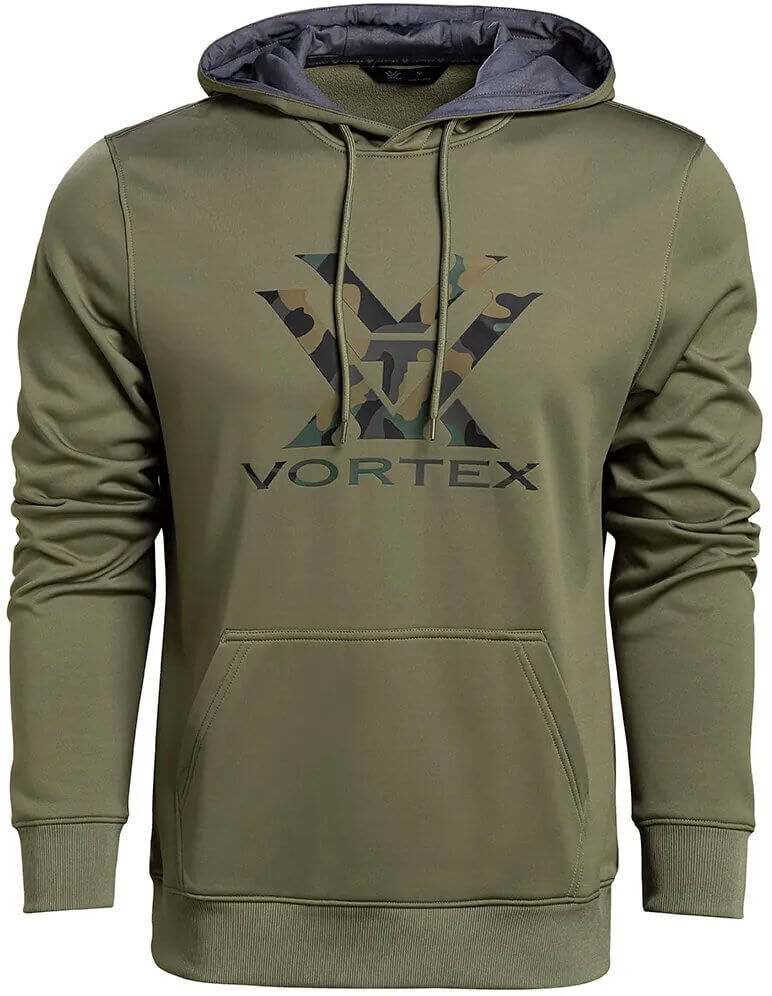 Olivgrüner Hoodie mit Vortex-Logo und Kängurutasche