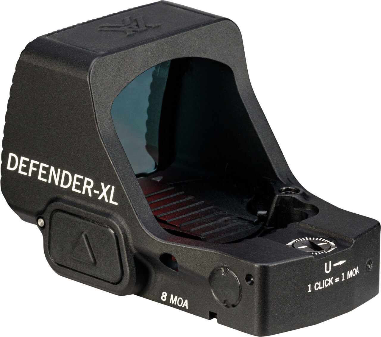 Seitenansicht des Vortex Defender-XL Reflexvisiers mit 8 MOA Punkt und Präzisionseinstellungen