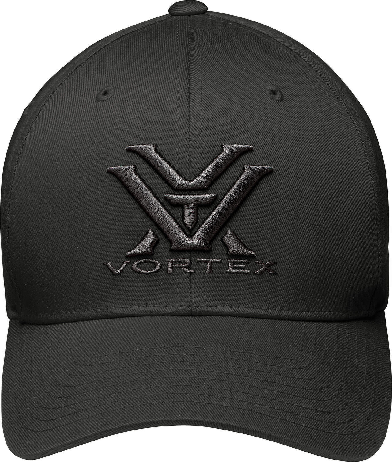 Schwarze Baseballkappe mit gesticktem Vortex-Logo auf der Vorderseite