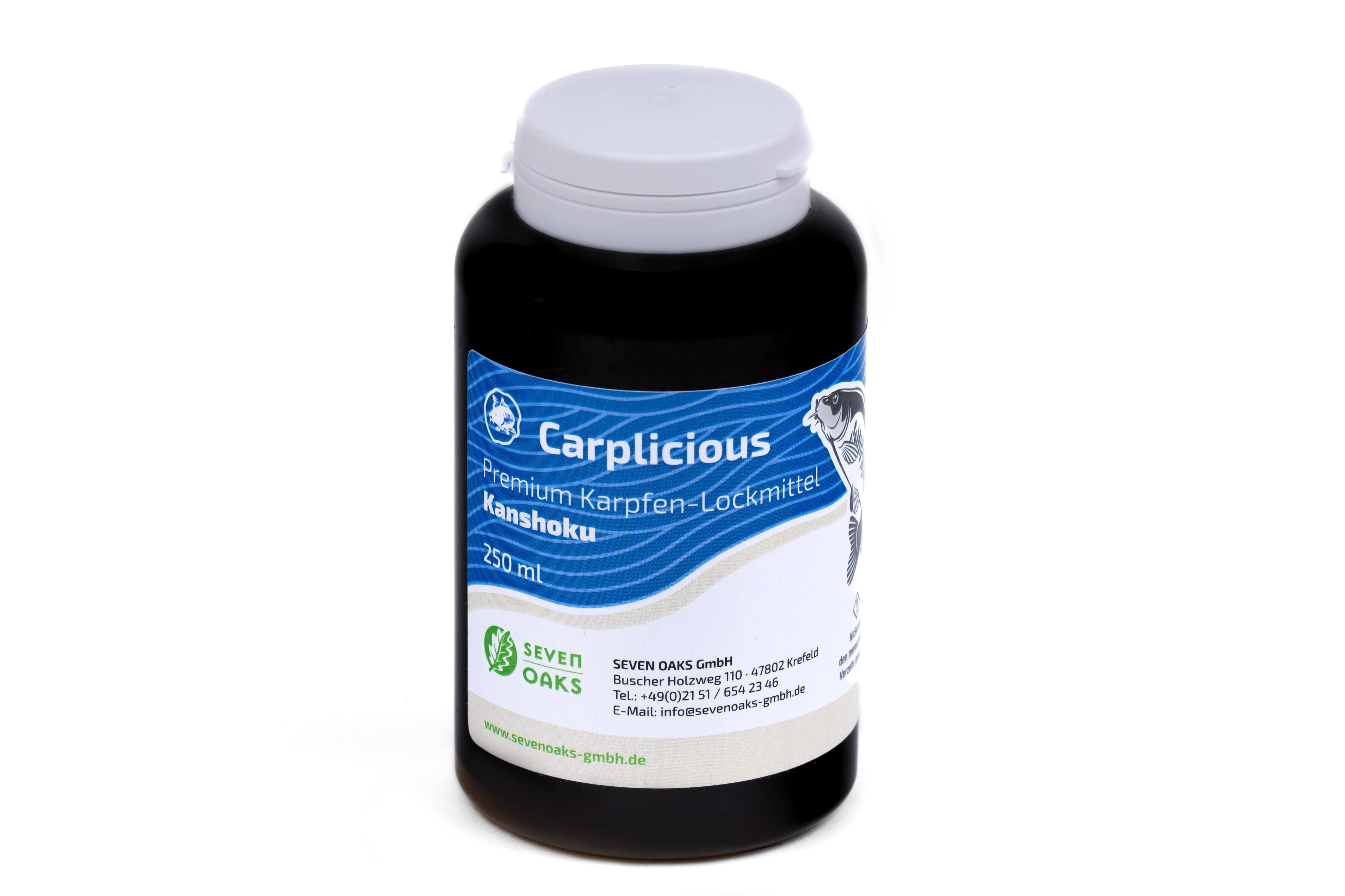 Flasche mit Carplicious Premium Karpfen-Lockmittel namens Kanshoku, 250 ml