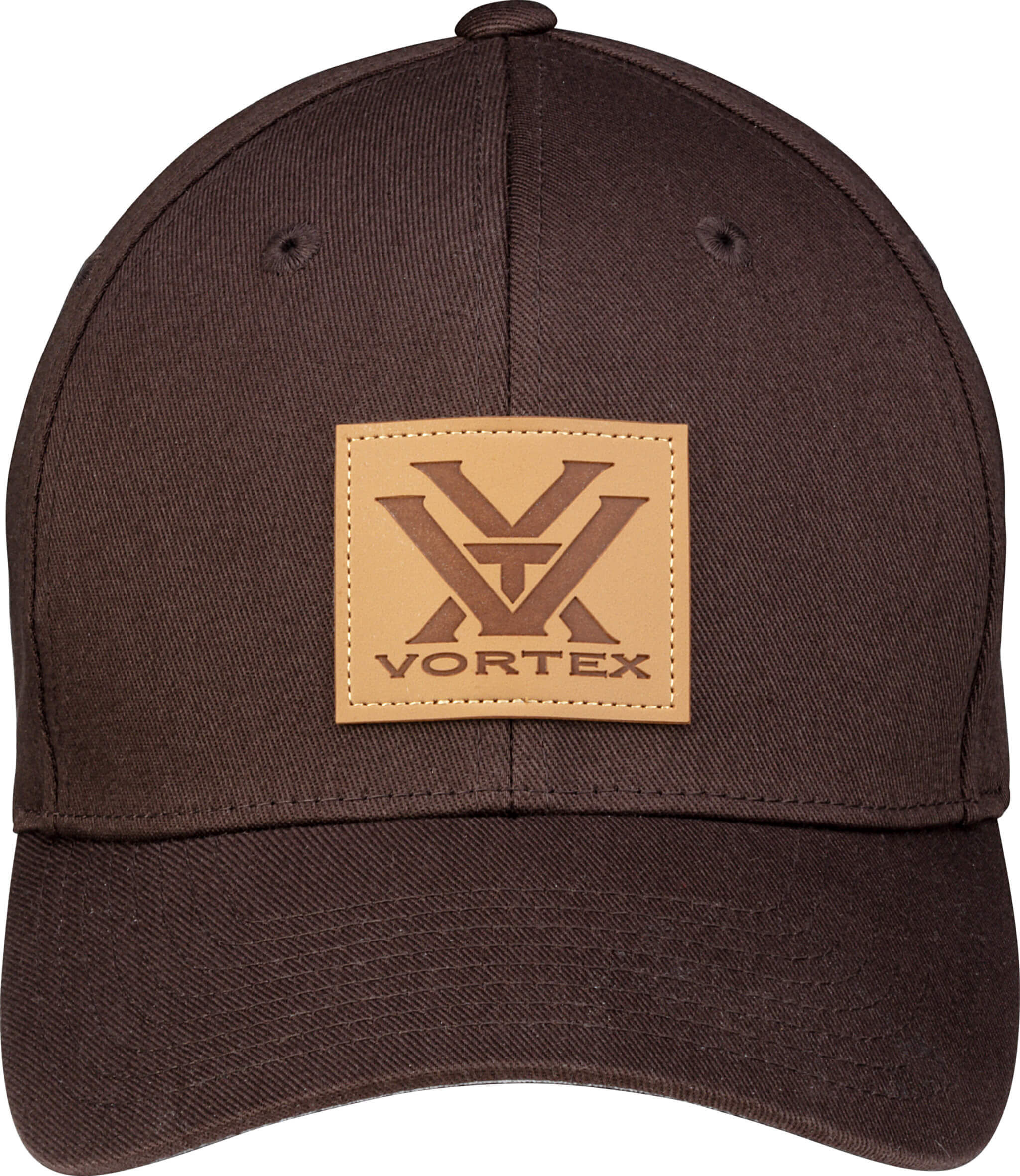 Nahaufnahme einer braunen Kappe mit aufgenähtem Vortex-Logo auf der Vorderseite