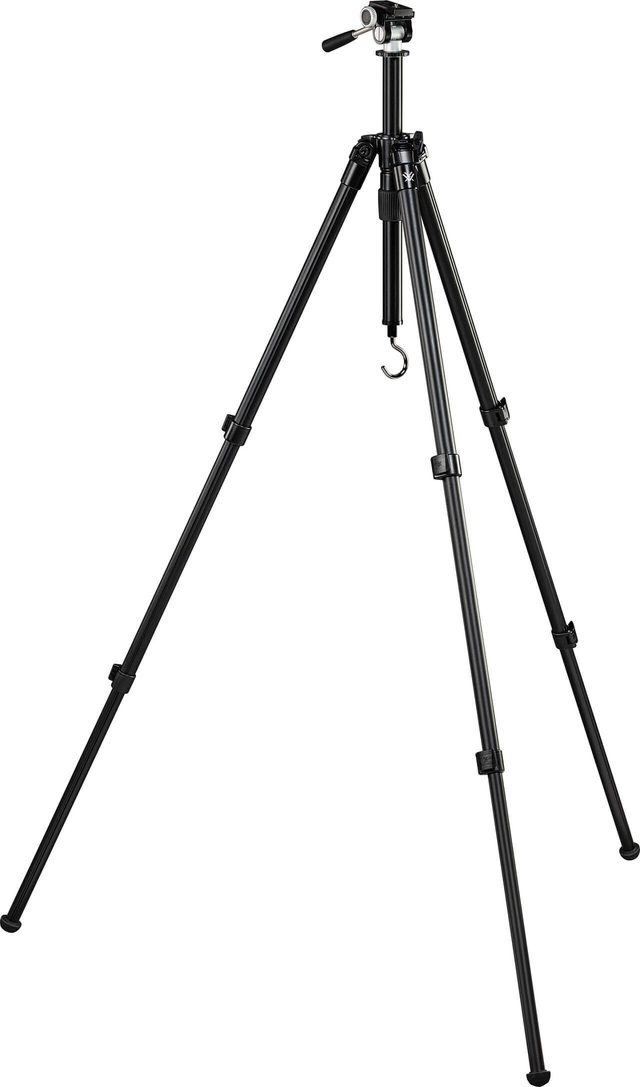 Schwarzes Dreibeinstativ mit schwenkbarem Kopf und Haken zur Stabilisierung