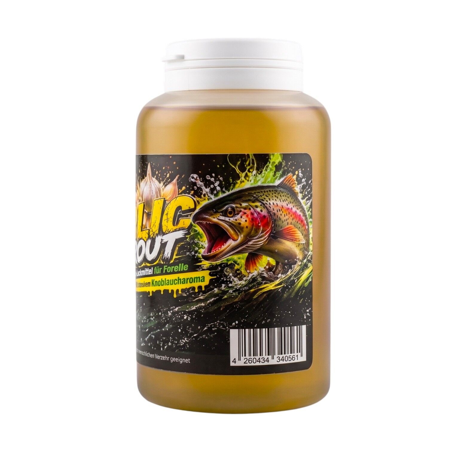 Große Flasche Garlic Trout Lock Flüssig-Lockmittel mit intensivem Knoblaucharoma, Produktetikett mit Forelle für gezieltes Forellenangeln