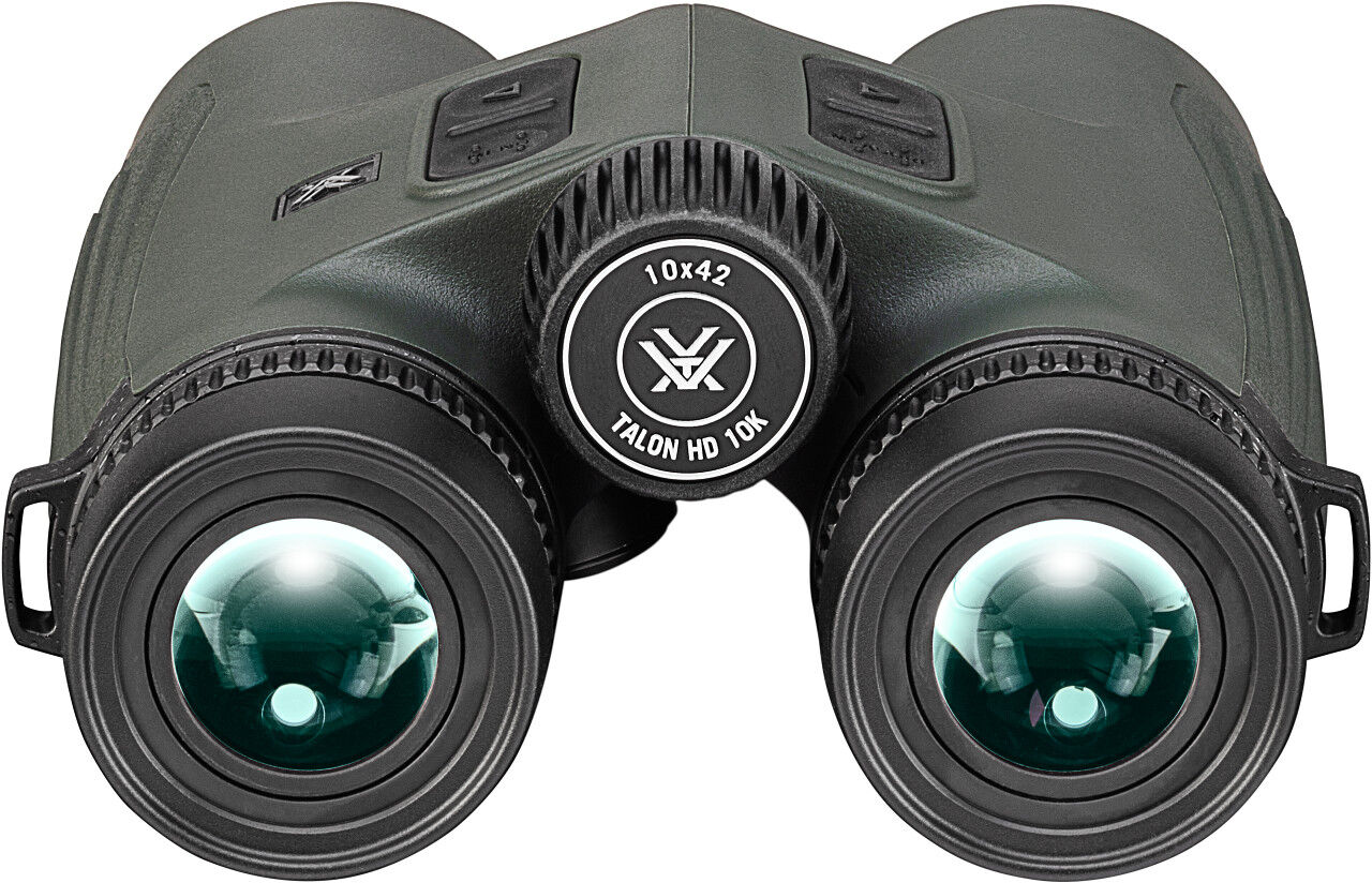 Frontansicht des Vortex Talon HD 10x42 Fernglases mit grünem Gehäuse und großen Objektivlinsen für scharfe Fernsicht