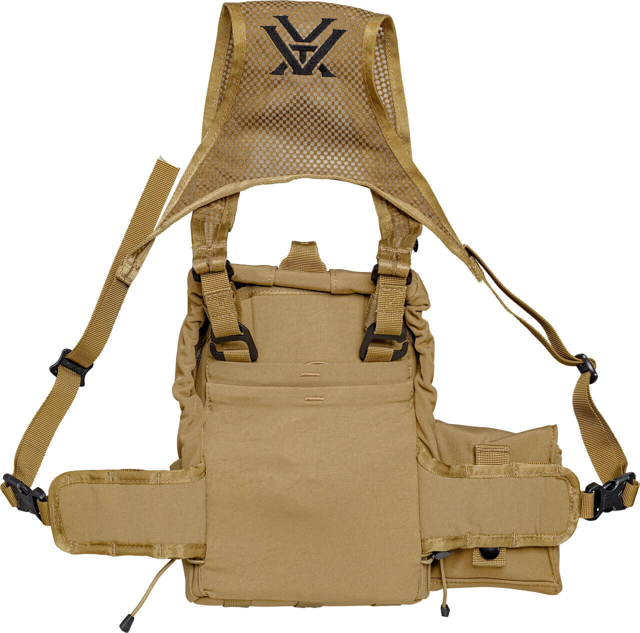 Braune taktische Brusttasche mit verstellbaren Riemen und Logo.