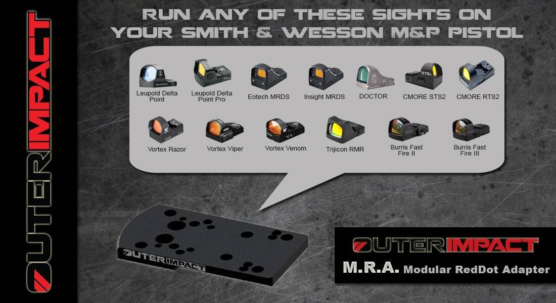 Modularer RedDot Adapter von OuterImpact für Smith & Wesson M&P Pistolen, kompatibel mit verschiedenen Optik-Marken wie Leupold, Eotech und Vortex.