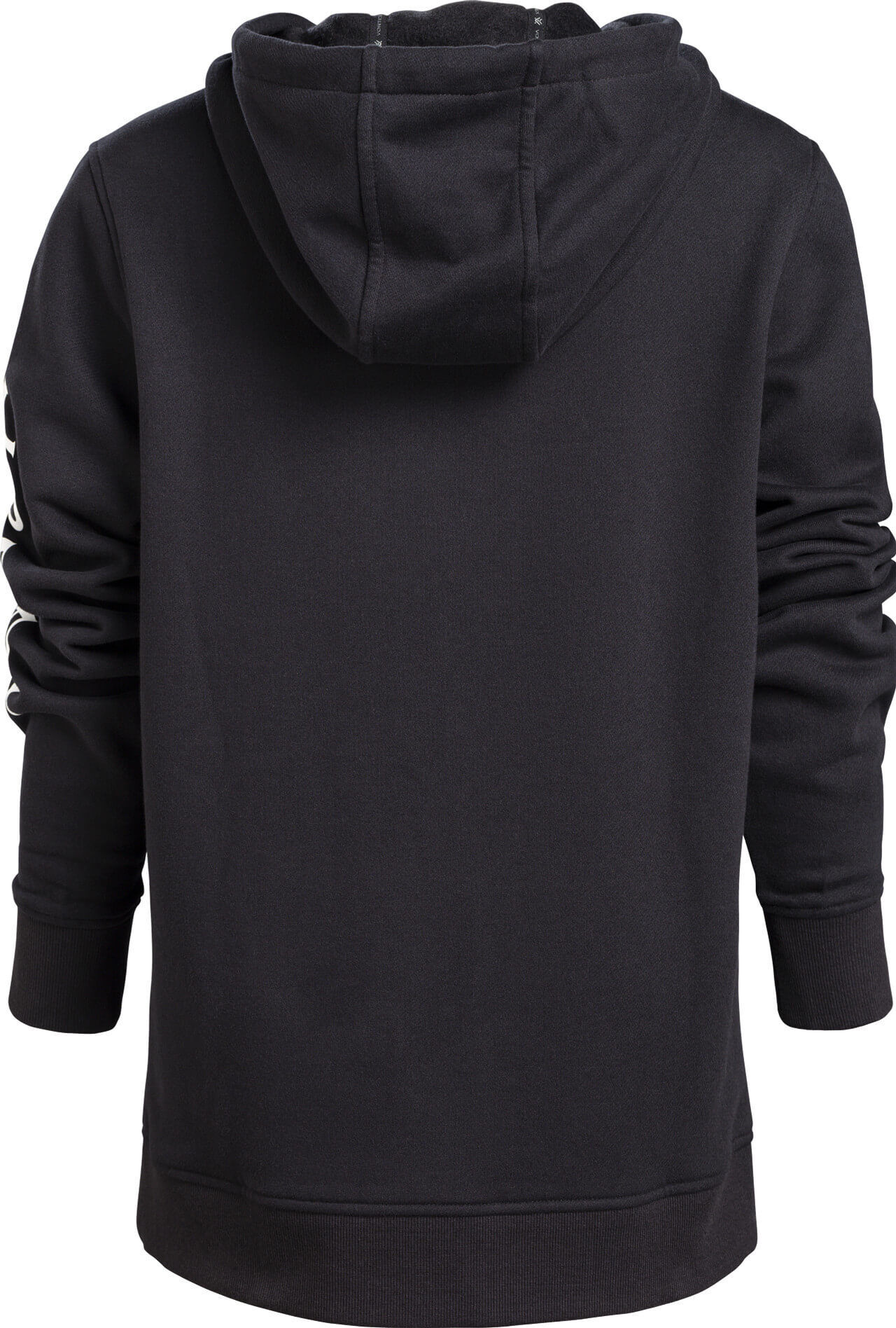 Schwarzer Kapuzenpullover von hinten fotografiert mit Kapuze und langen Ärmeln