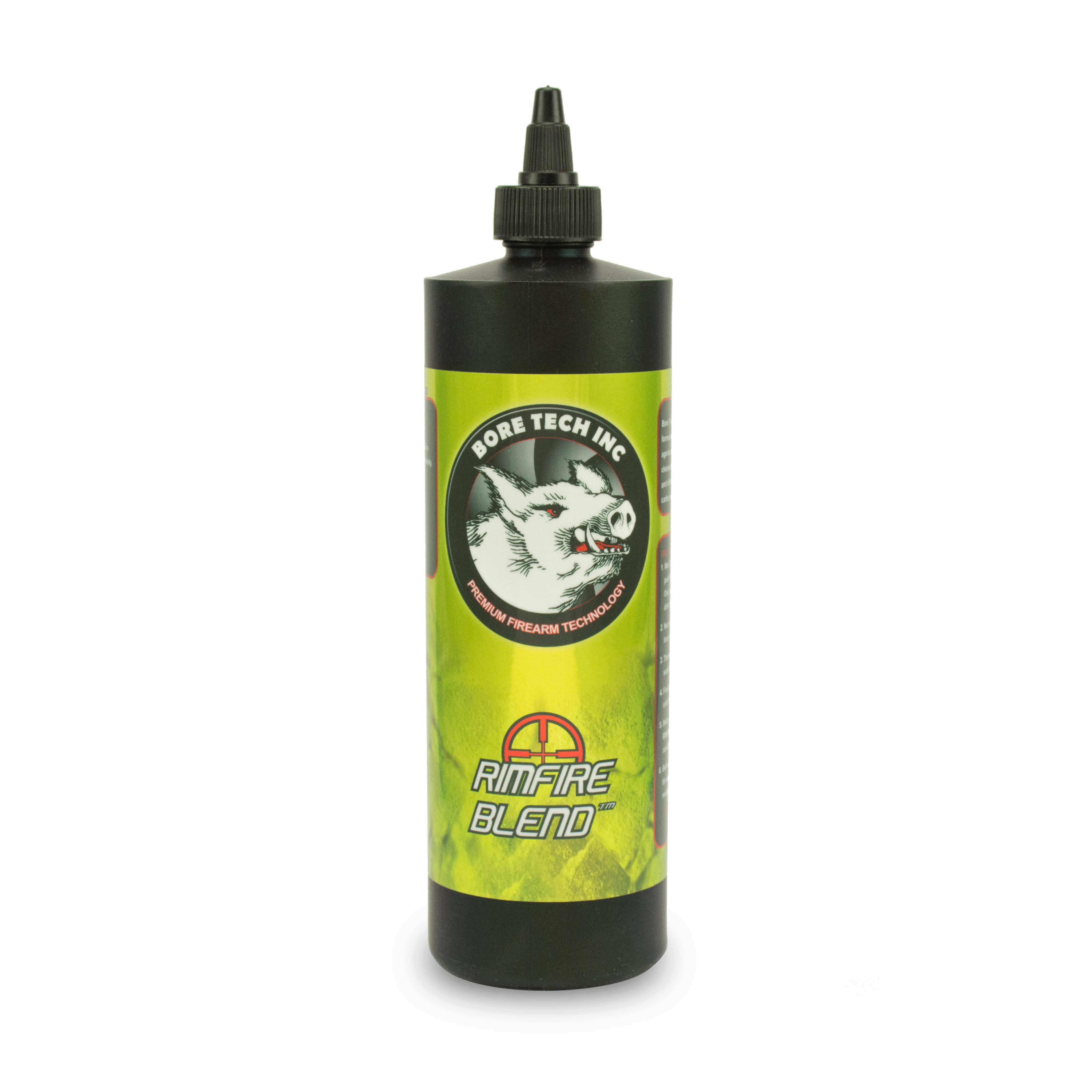 Flasche Bore Tech Rimfire Blend Reinigungsmittel mit schwarzem Verschluss und grünem Etikett