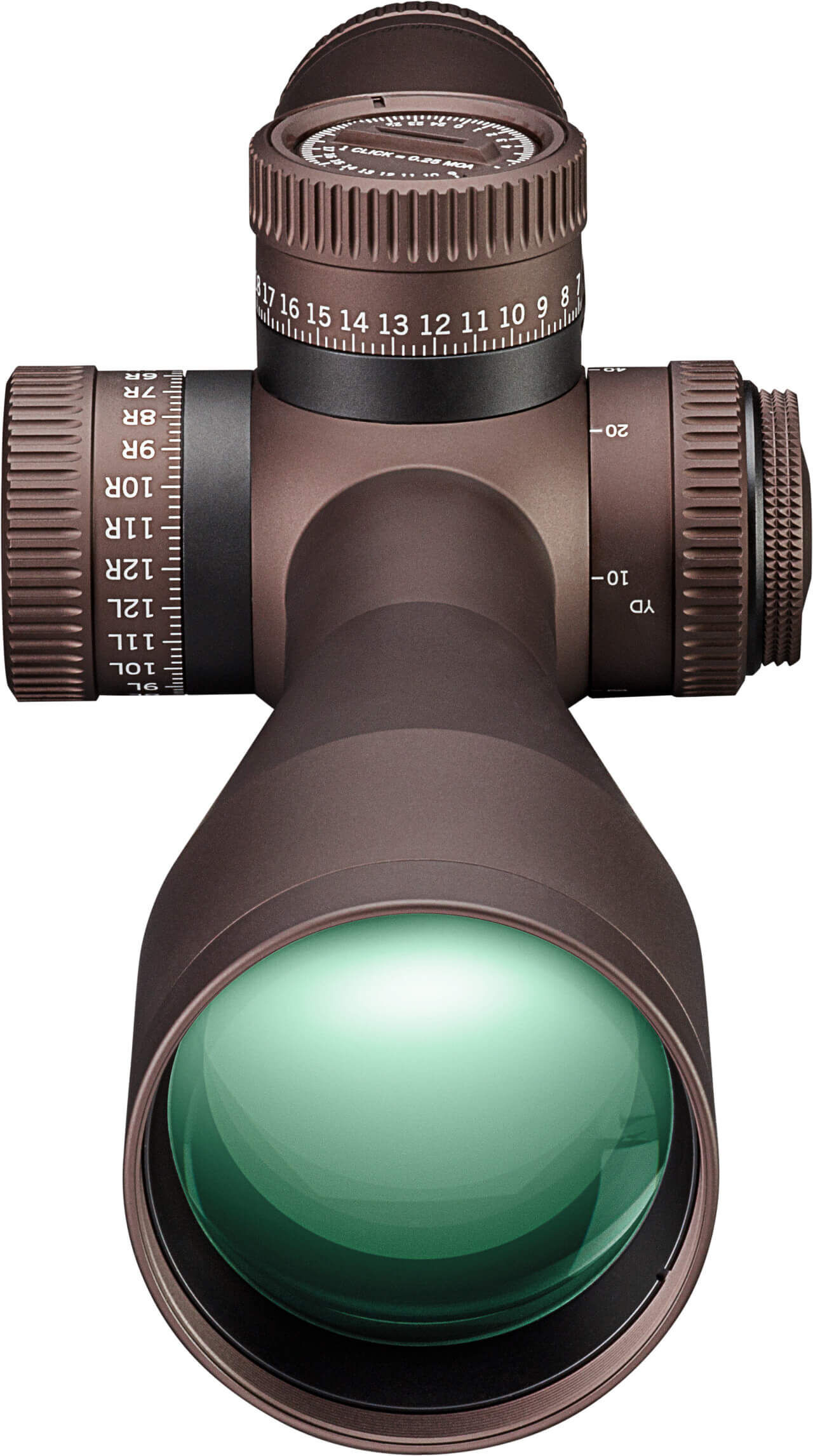 Nahaufnahme eines optischen Zielfernrohrs mit mehreren Einstellringen und einem grünen Objektiv. Ideal für Präzisionsschützen.